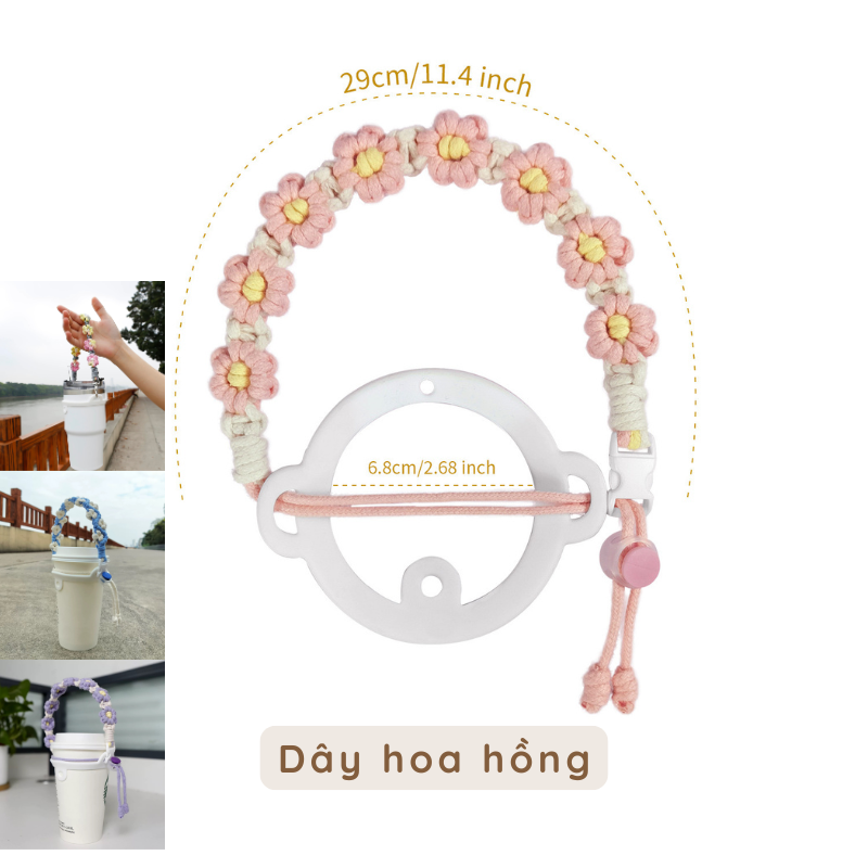 Dây đeo ly dây thừng bện hoa cúc nhí handmade