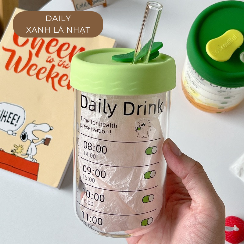 Ly uống nước daily 600ml thuỷ tinh (kèm ống hút)