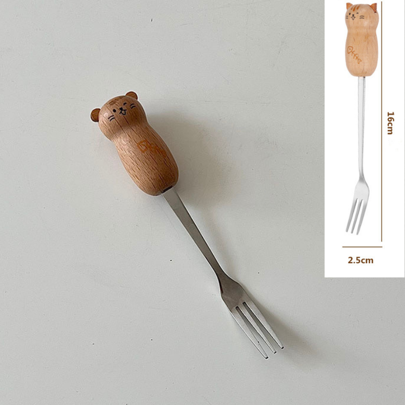 Muỗng nĩa cán gỗ hình gấu mèo dễ thương