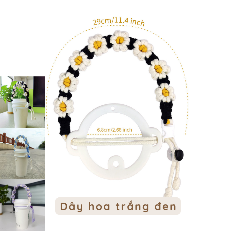 Dây đeo ly dây thừng bện hoa cúc nhí handmade