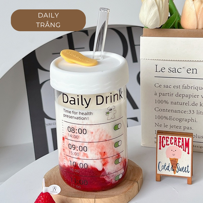 Ly uống nước daily 600ml thuỷ tinh (kèm ống hút)