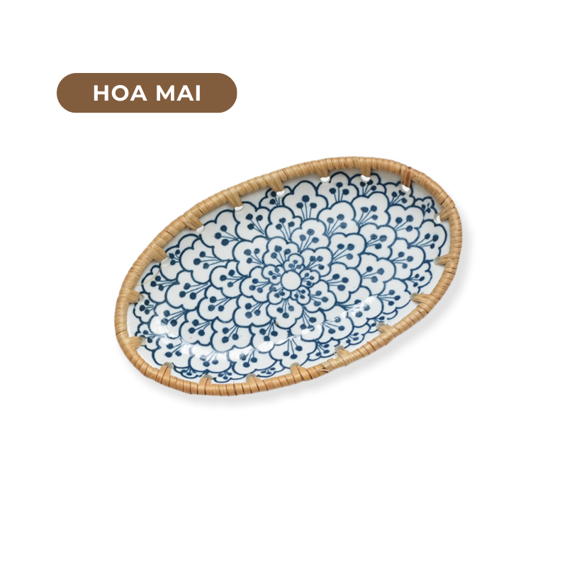 Đĩa sứ viền mây tre nhiều mẫu hoạ tiết phong cách Nhật