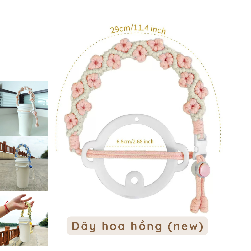 Dây đeo ly dây thừng bện hoa cúc nhí handmade