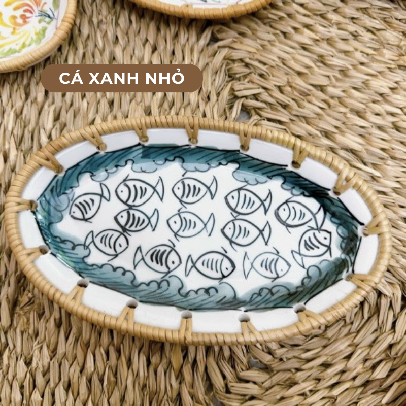 Đĩa sứ viền mây tre nhiều mẫu hoạ tiết phong cách Nhật