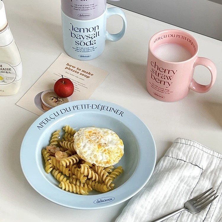 Cốc dĩa pastel in chữ phong cách dễ thương Hàn Quốc