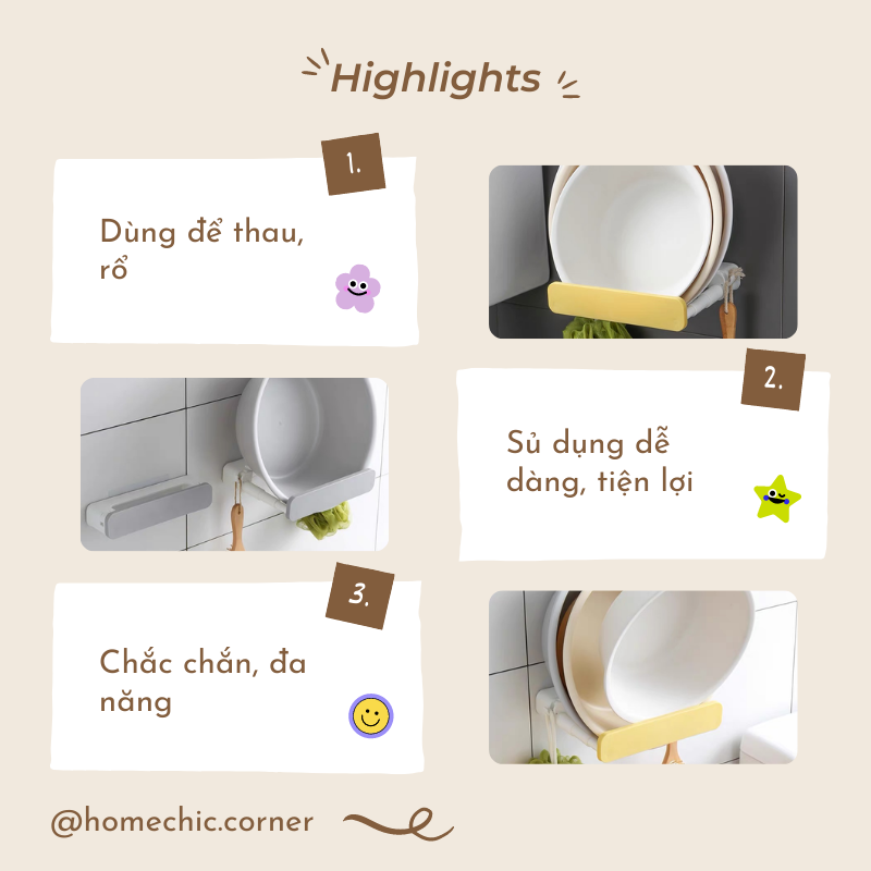 Giá thau rổ chậu dán tường trang trí nhà bếp