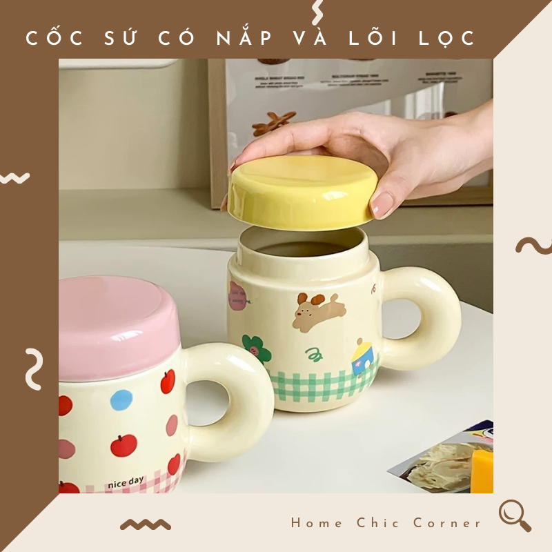 Cốc sứ có nắp và lõi lọc trà dễ thương 500ML