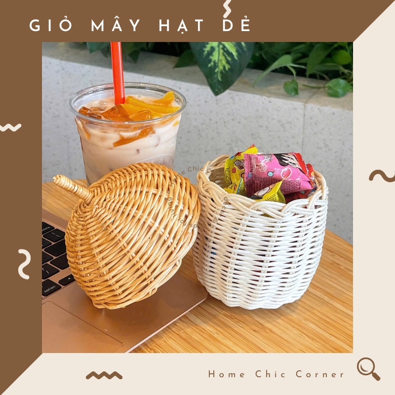 Giỏ mây hạt dẻ có nắp mây tre tự nhiên đựng kẹo đồ phụ kiện trang trí dễ thương