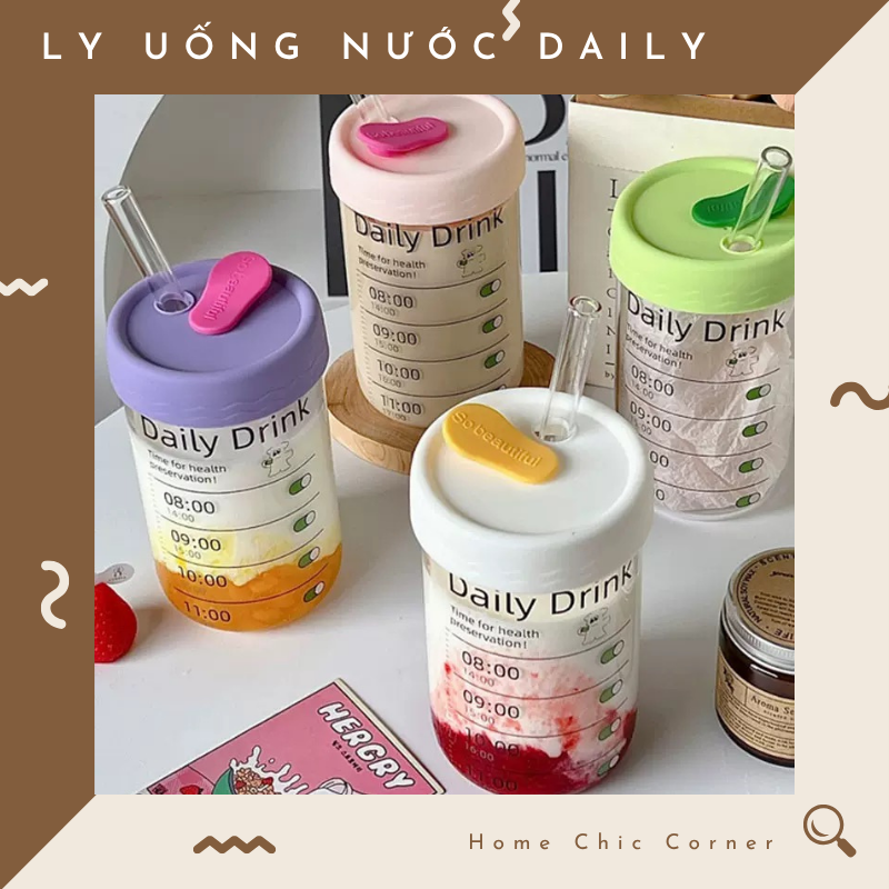 Ly uống nước daily 600ml thuỷ tinh (kèm ống hút)