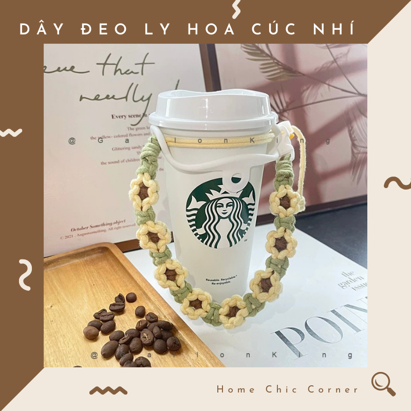 Dây đeo ly dây thừng bện hoa cúc nhí handmade