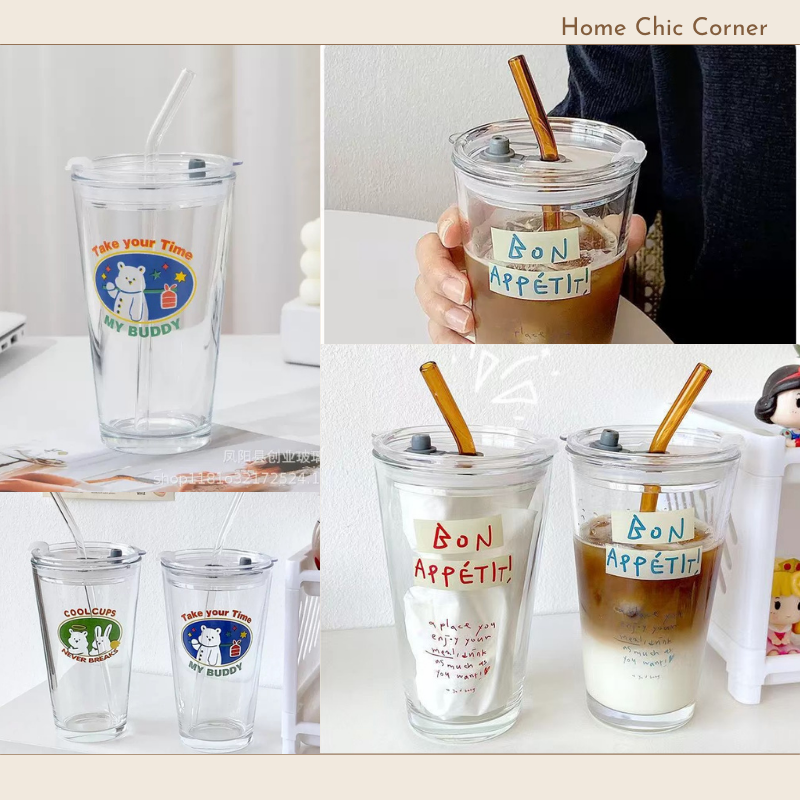 Ly thuỷ tinh có nắp tặng kèm ống hút