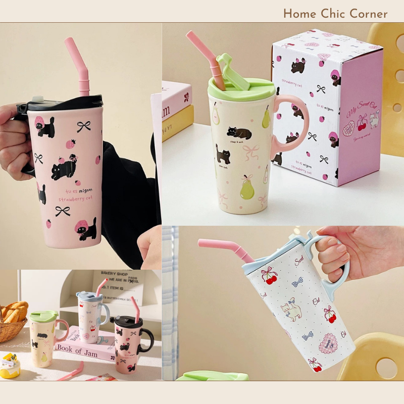 Cốc sứ cao hình mèo có ống hút 520ml