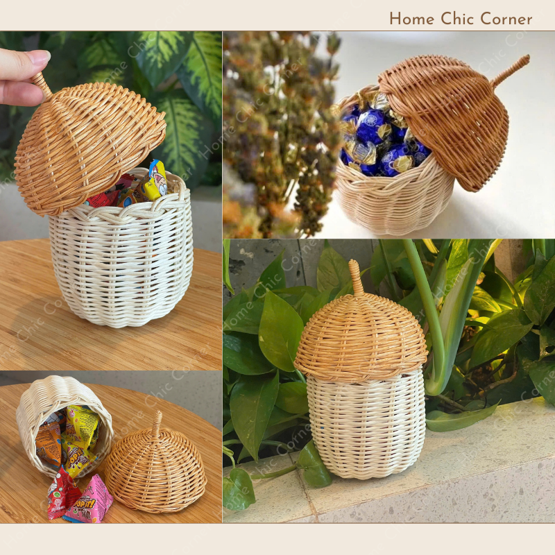 Giỏ mây hạt dẻ có nắp mây tre tự nhiên đựng kẹo đồ phụ kiện trang trí dễ thương