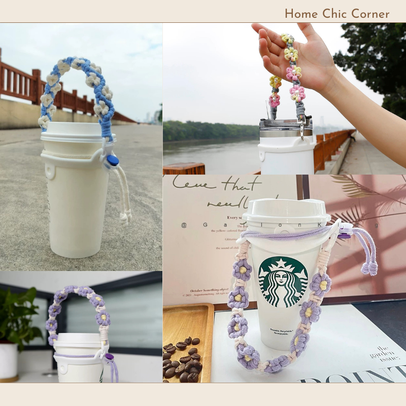 Dây đeo ly dây thừng bện hoa cúc nhí handmade