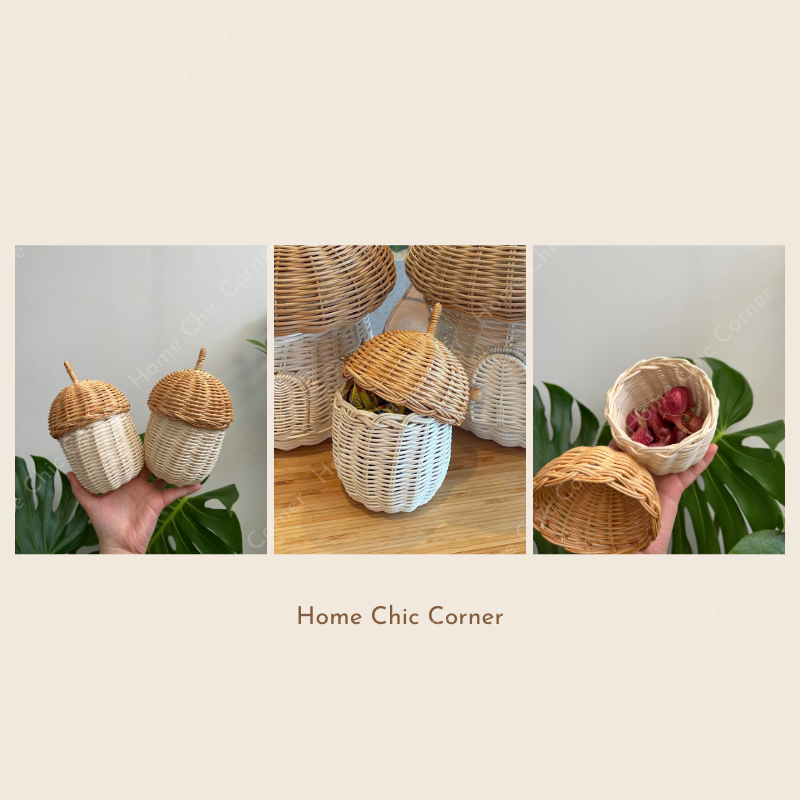 Giỏ mây hạt dẻ có nắp mây tre tự nhiên đựng kẹo đồ phụ kiện trang trí dễ thương