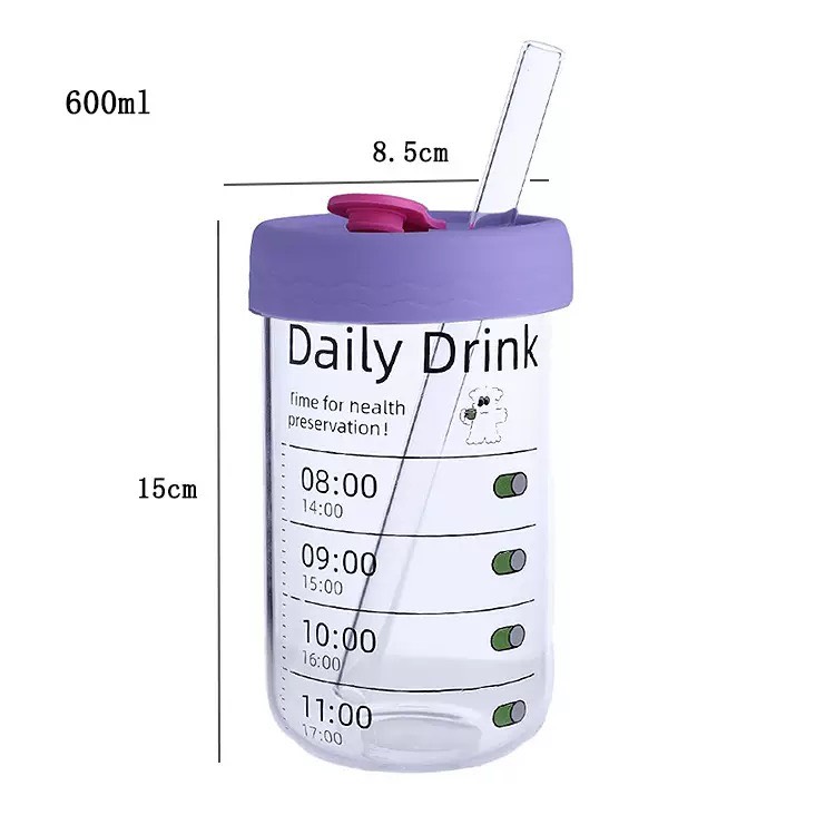 Ly uống nước daily 600ml thuỷ tinh (kèm ống hút)