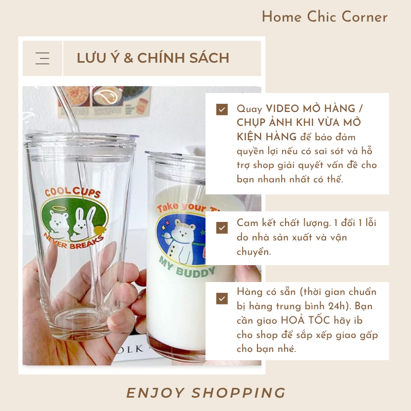 Ly thuỷ tinh có nắp tặng kèm ống hút