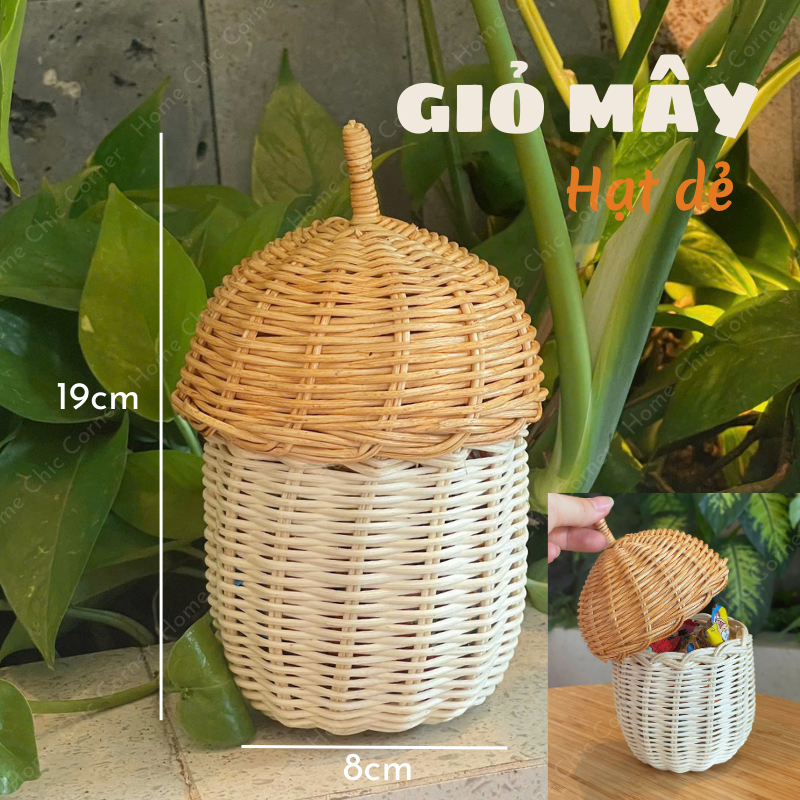 Giỏ mây hạt dẻ có nắp mây tre tự nhiên đựng kẹo đồ phụ kiện trang trí dễ thương