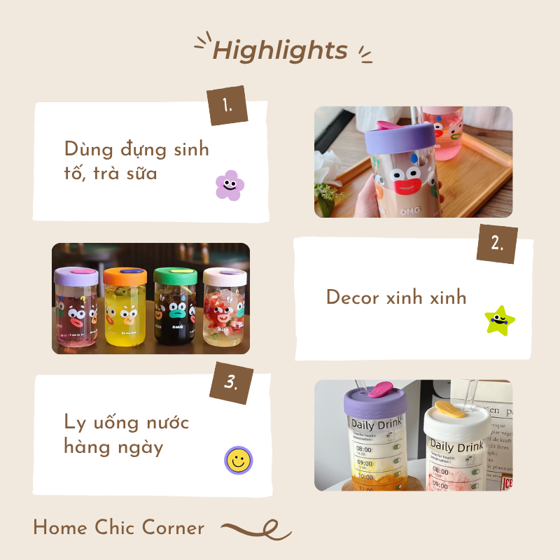 Ly uống nước daily 600ml thuỷ tinh (kèm ống hút)