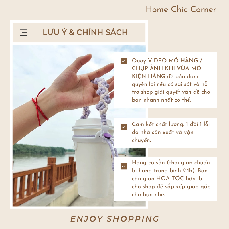 Dây đeo ly dây thừng bện hoa cúc nhí handmade