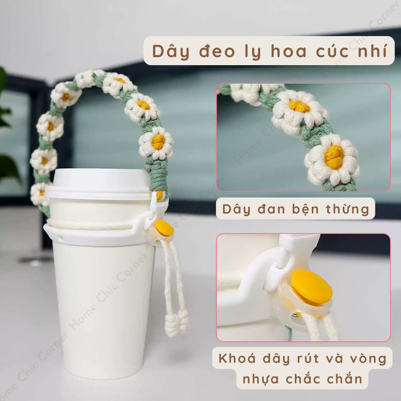 Dây đeo ly dây thừng bện hoa cúc nhí handmade