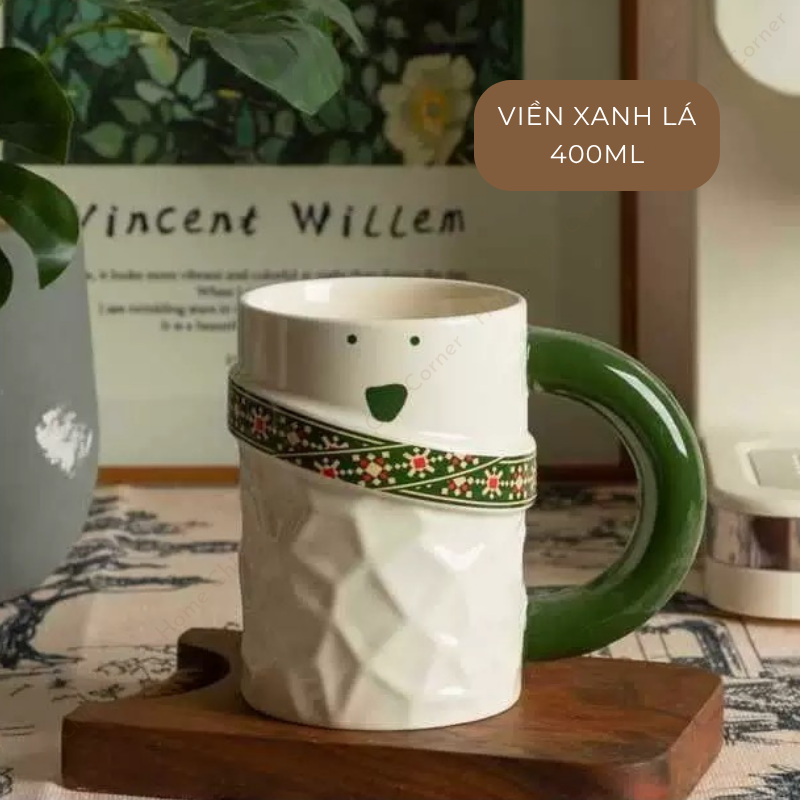 Cốc sứ tay cầm hoạ tiết viền mặt cười 400ml