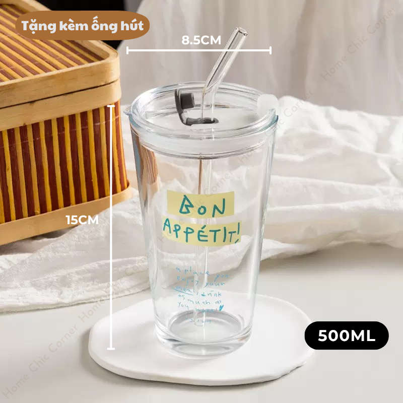 Ly thuỷ tinh có nắp tặng kèm ống hút