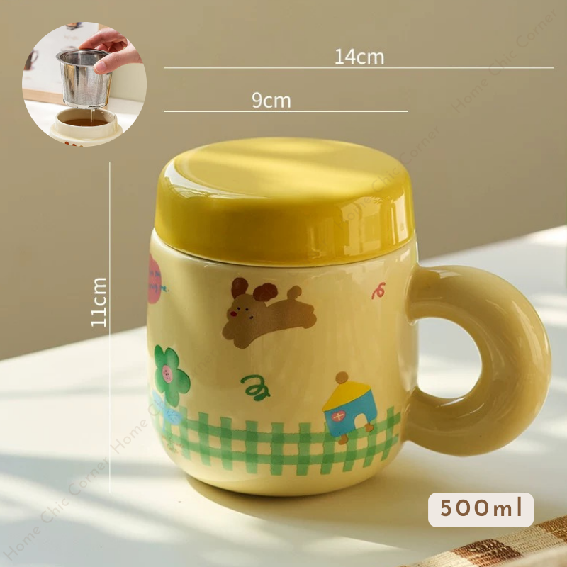 Cốc sứ có nắp và lõi lọc trà dễ thương 500ML