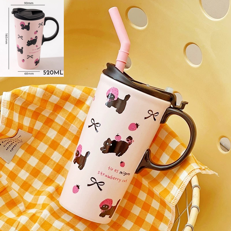 Cốc sứ cao hình mèo có ống hút 520ml