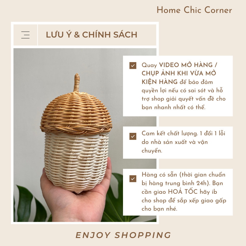Giỏ mây hạt dẻ có nắp mây tre tự nhiên đựng kẹo đồ phụ kiện trang trí dễ thương
