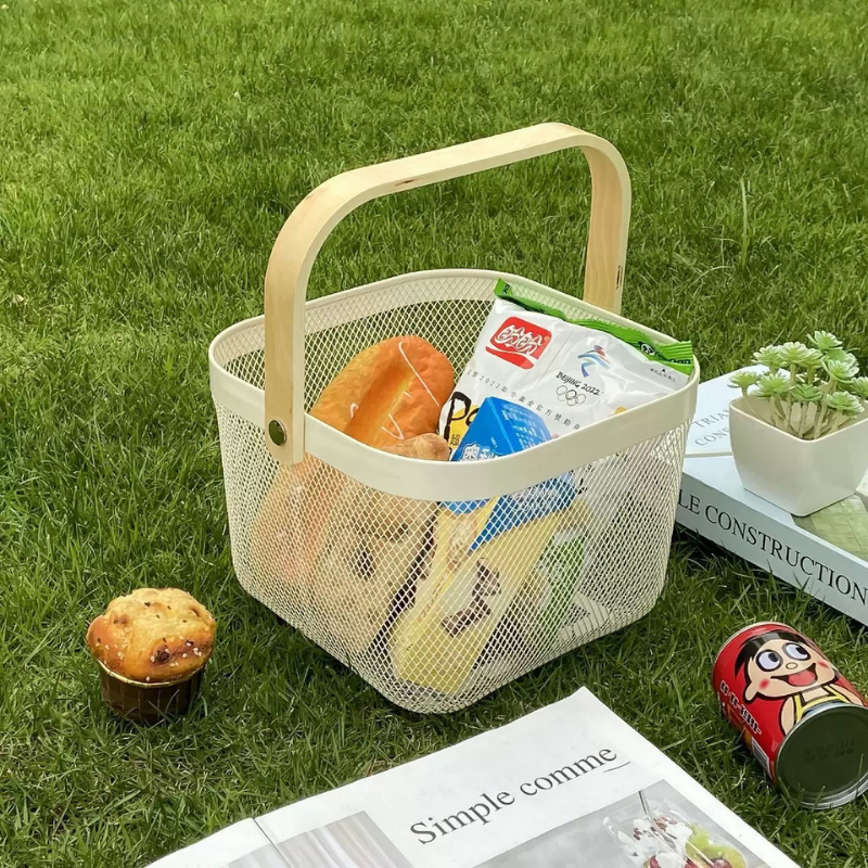 Giỏ sắt quai gỗ đựng đồ decor giỏ picnic