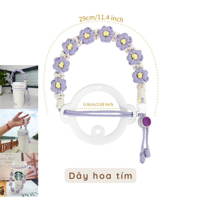 Dây đeo ly dây thừng bện hoa cúc nhí handmade