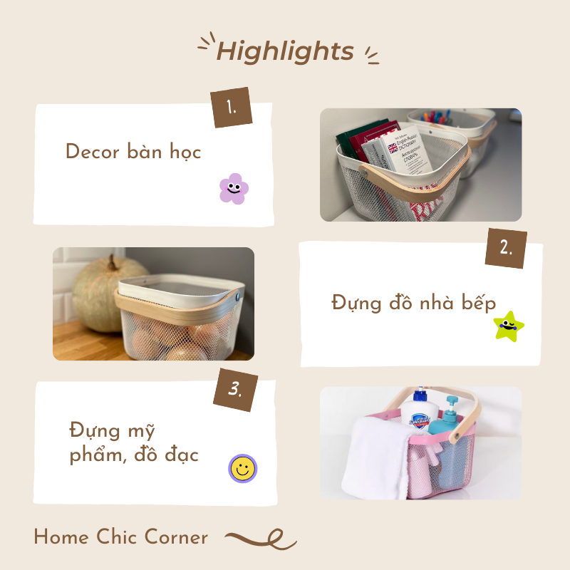 Giỏ sắt quai gỗ đựng đồ decor giỏ picnic