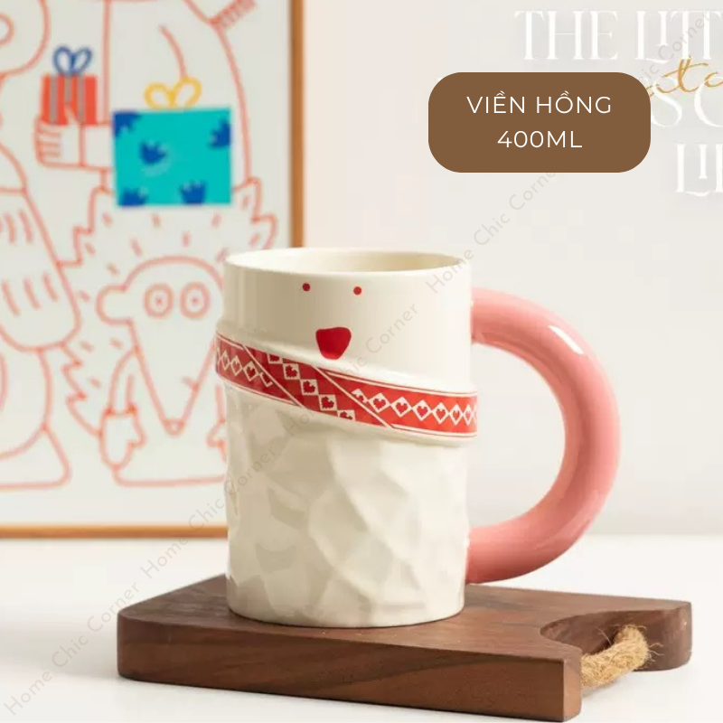 Cốc sứ tay cầm hoạ tiết viền mặt cười 400ml