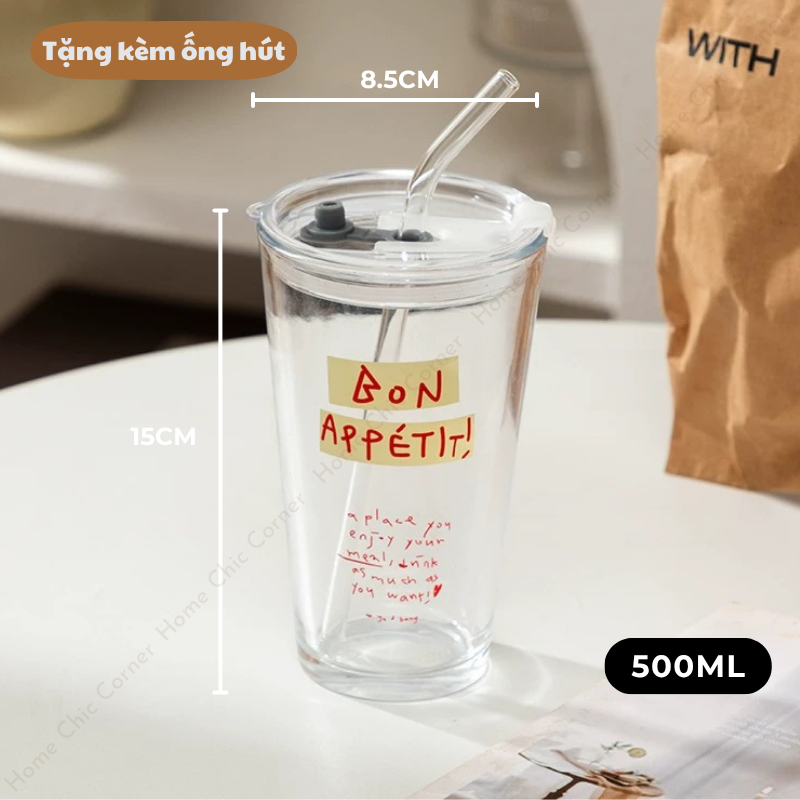 Ly thuỷ tinh có nắp tặng kèm ống hút