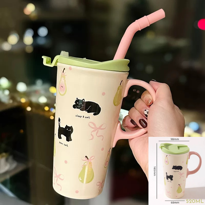 Cốc sứ cao hình mèo có ống hút 520ml
