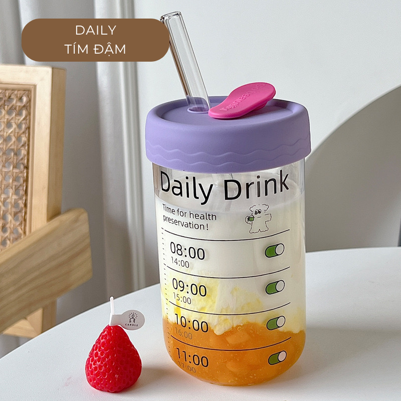 Ly uống nước daily 600ml thuỷ tinh (kèm ống hút)