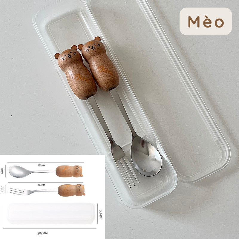 Muỗng nĩa cán gỗ hình gấu mèo dễ thương