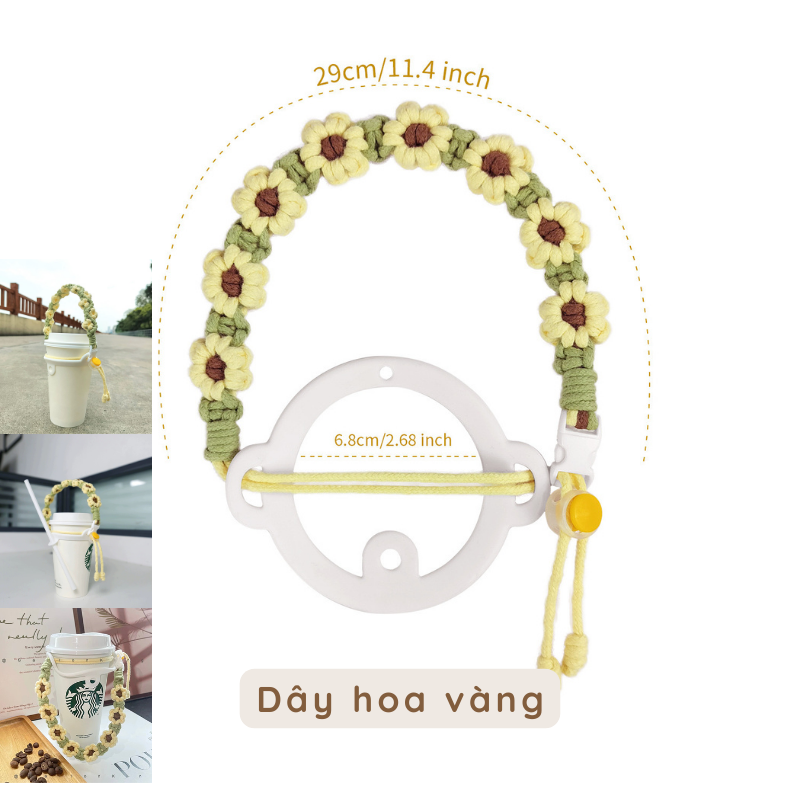 Dây đeo ly dây thừng bện hoa cúc nhí handmade