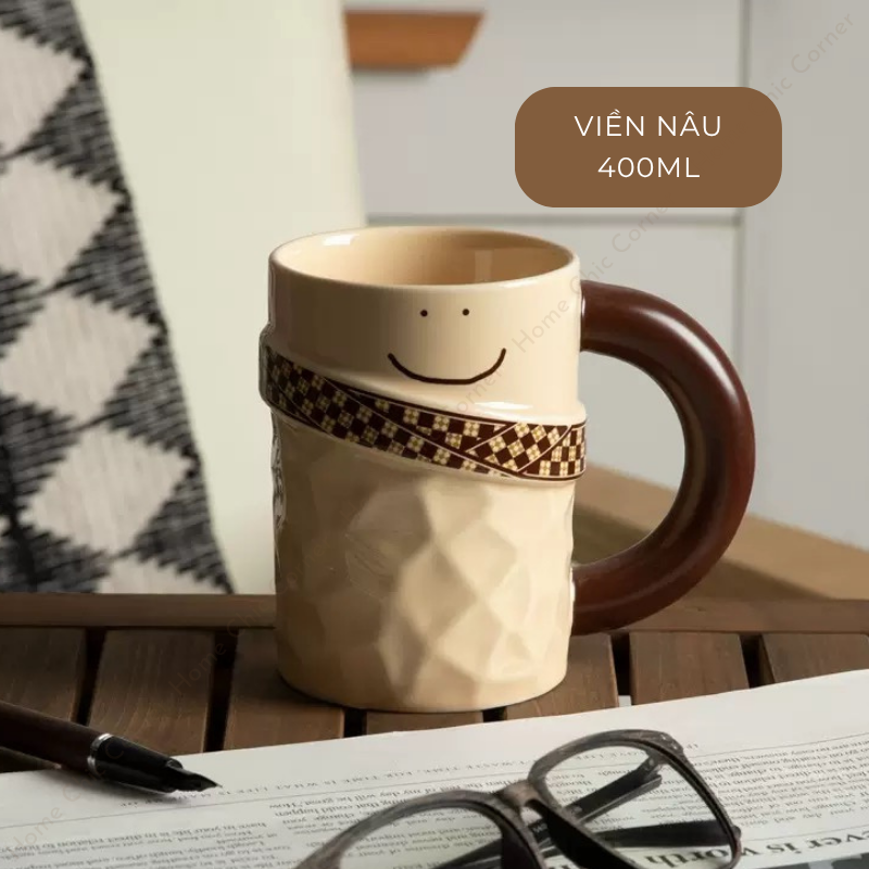 Cốc sứ tay cầm hoạ tiết viền mặt cười 400ml