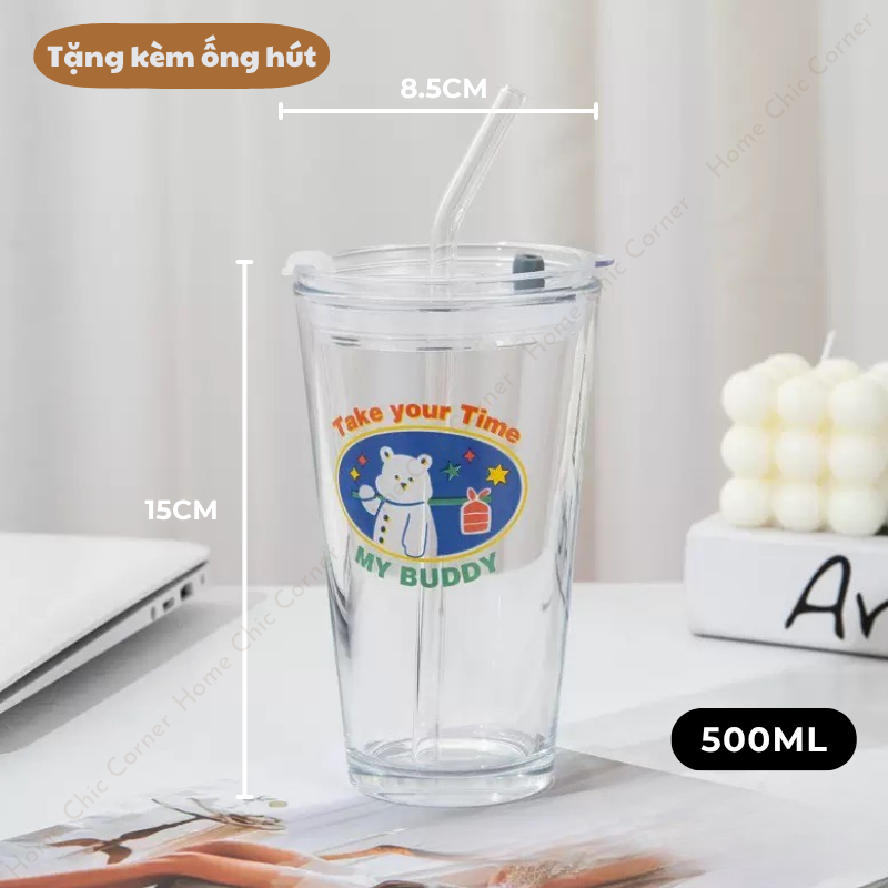 Ly thuỷ tinh có nắp tặng kèm ống hút
