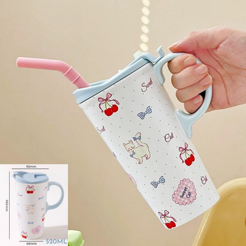 Cốc sứ cao hình mèo có ống hút 520ml