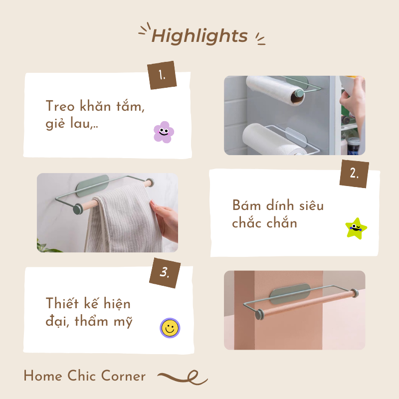 Thanh dán tường treo khăn, giấy cuộn, màng bọc thực phẩm