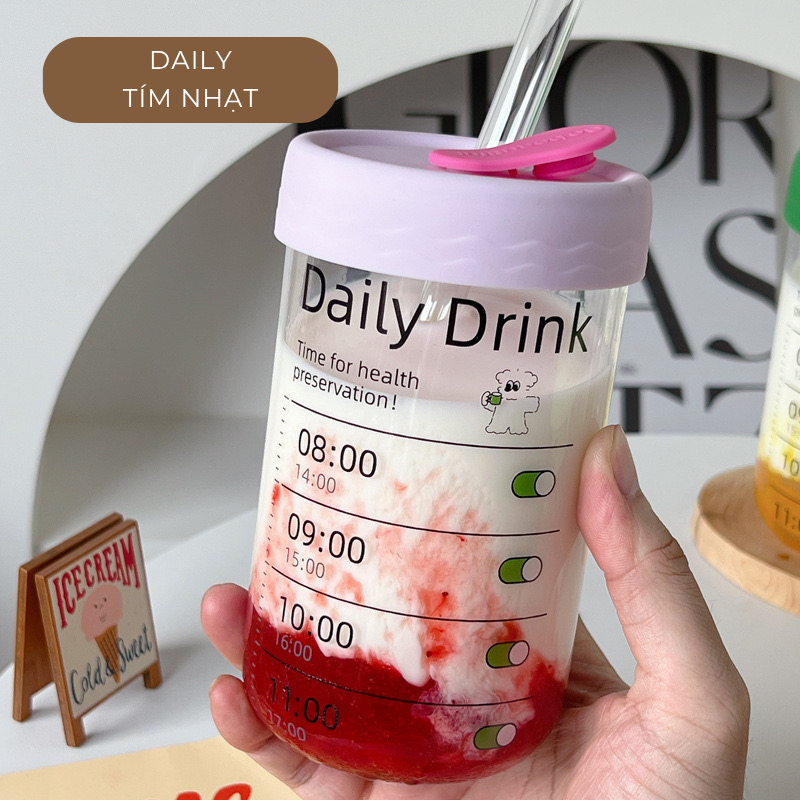 Ly uống nước daily 600ml thuỷ tinh (kèm ống hút)