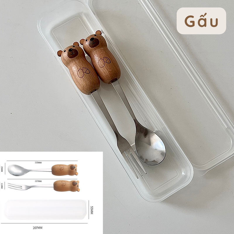 Muỗng nĩa cán gỗ hình gấu mèo dễ thương
