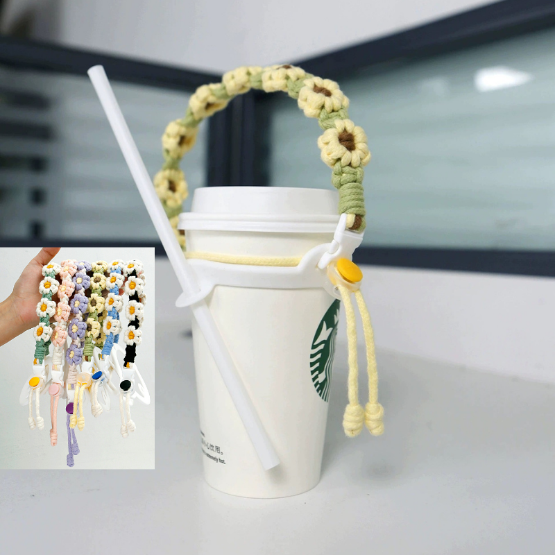 Dây đeo ly dây thừng bện hoa cúc nhí handmade