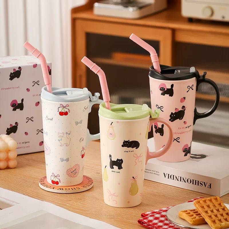 Cốc sứ cao hình mèo có ống hút 520ml
