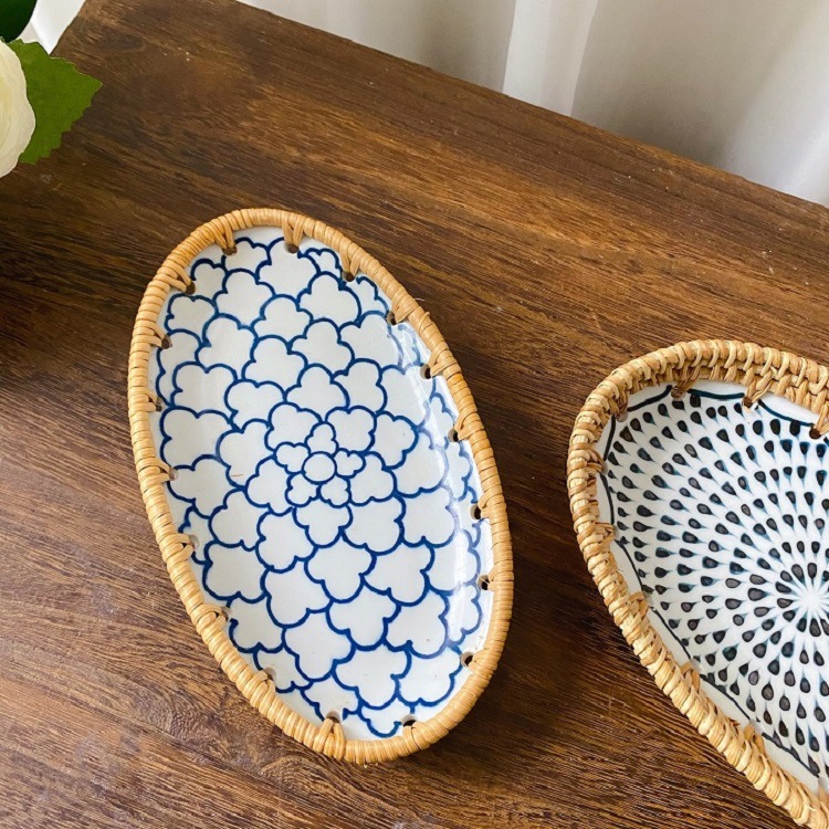 Đĩa sứ viền mây tre nhiều mẫu hoạ tiết phong cách Nhật