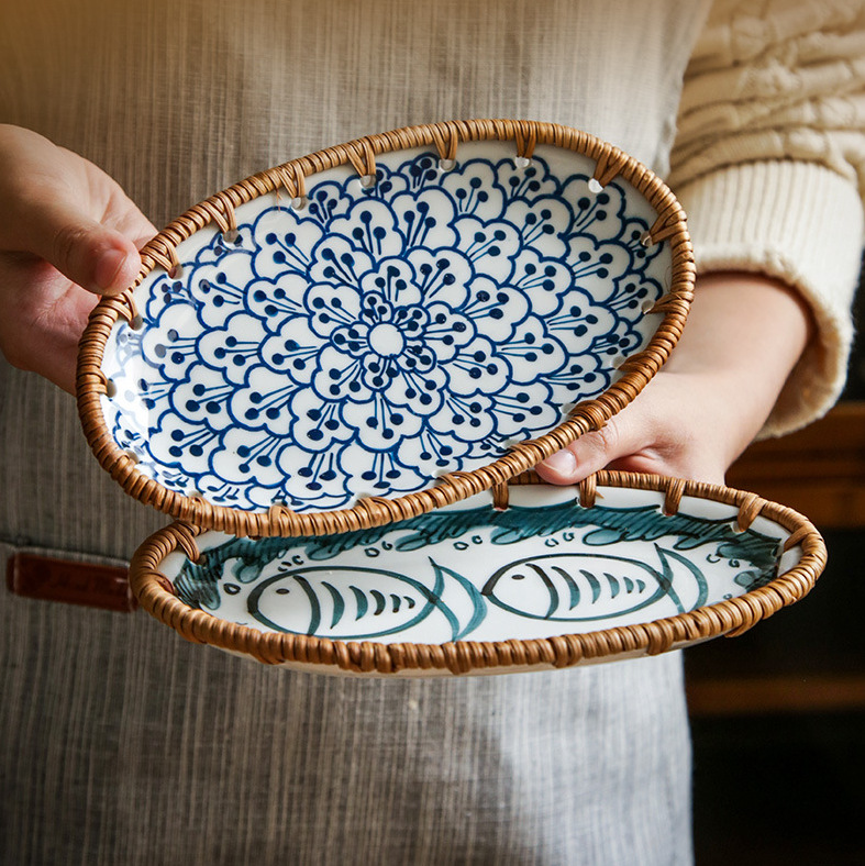 Đĩa sứ viền mây tre nhiều mẫu hoạ tiết phong cách Nhật