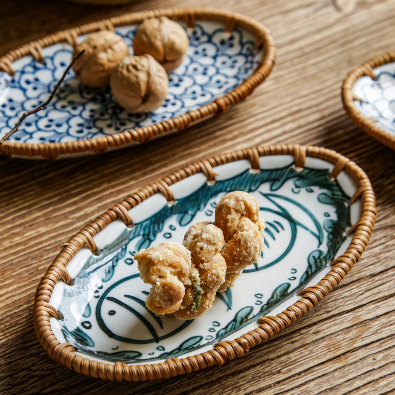 Đĩa sứ viền mây tre nhiều mẫu hoạ tiết phong cách Nhật